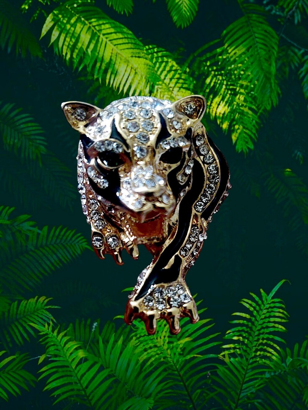 Crystal-Embellished Tiger Brooch